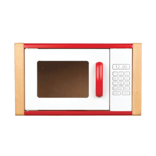 A red and white toy microwave with a clear viewing window and a numeric keypad.
