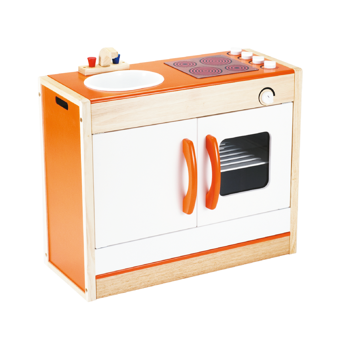 Children's toy kitchen set featuring a sink with faucet, stove top, and see-through oven.