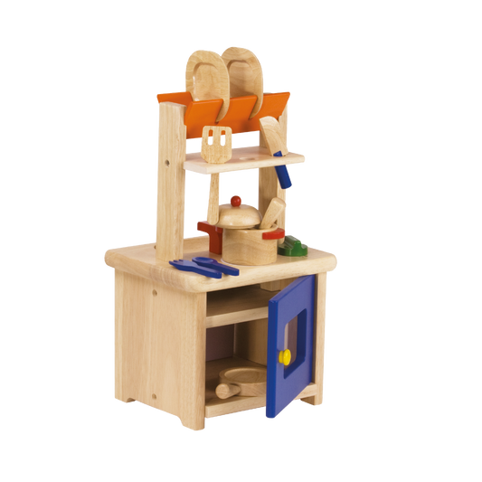 Wooden kitchenette with stove, turn knobs, cooking utensils, and storage cabinet.