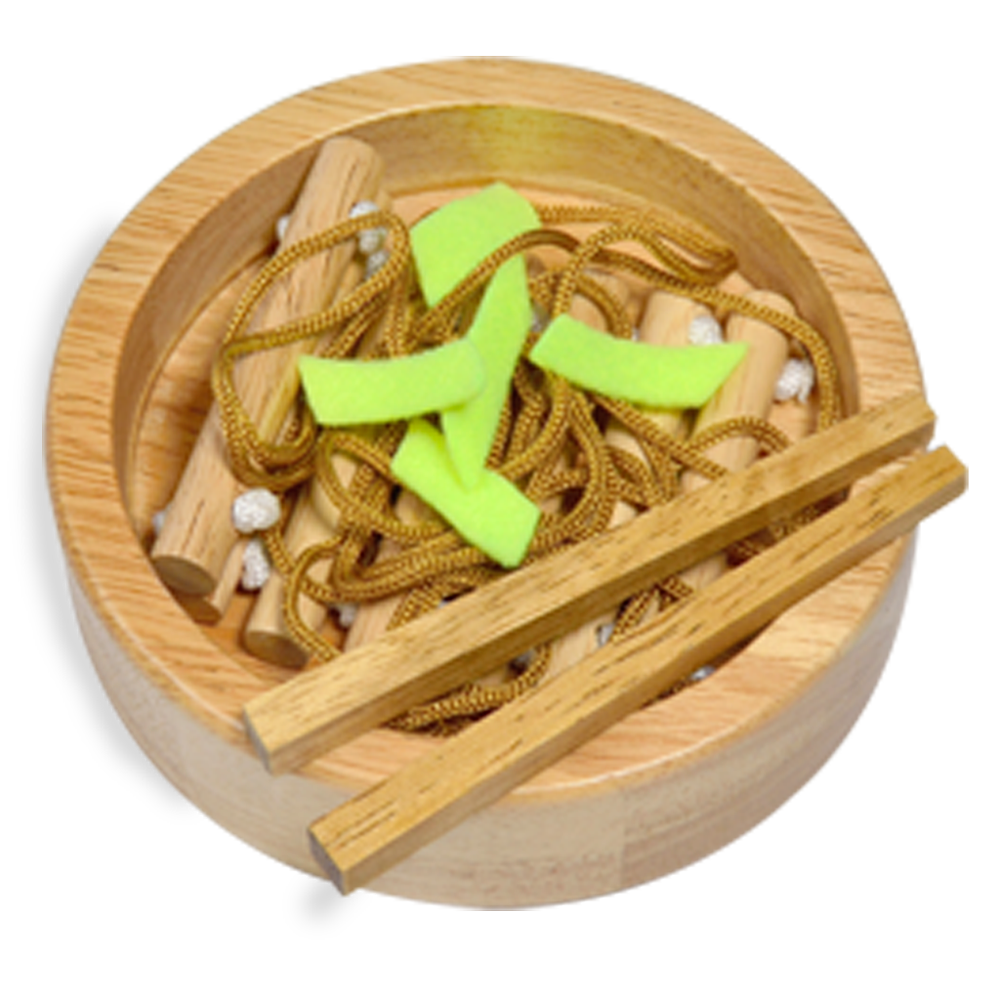 Wooden Japanese cooking set for children, including a stove, pot, pan, spoon, and various colorful food pieces.