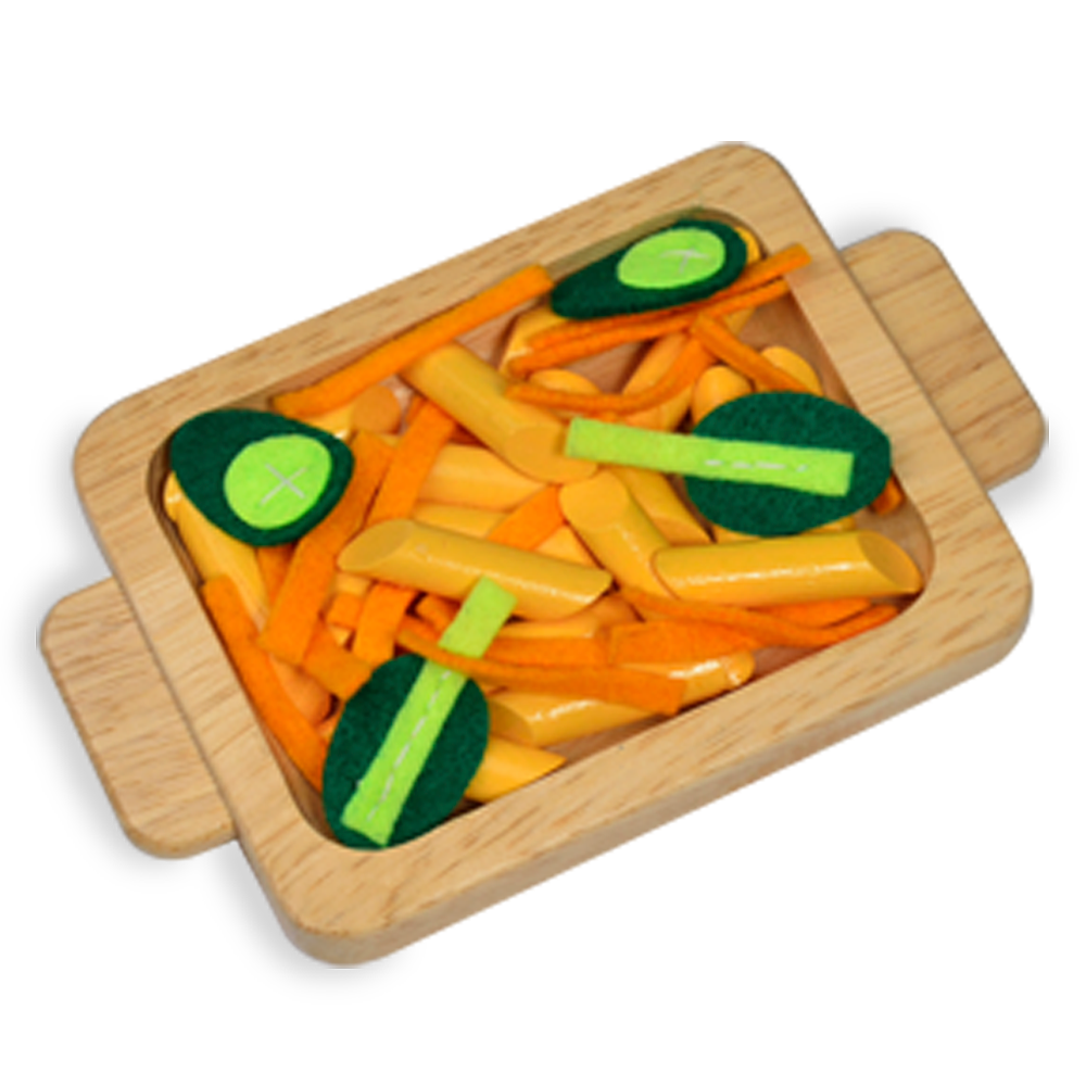 Children's wooden play kitchen set with a red pizza peel, wooden knife, and toy vegetables.