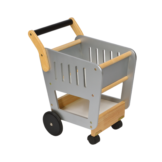 A gray and beige shopping cart toy with wooden accents and wheels.