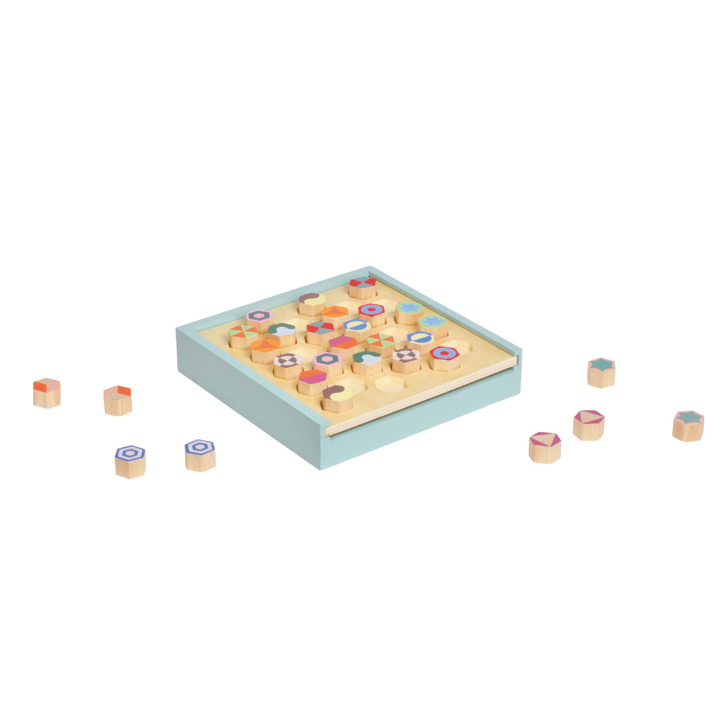 A wooden pattern memory game with multicolored geometric blocks arranged in a box.