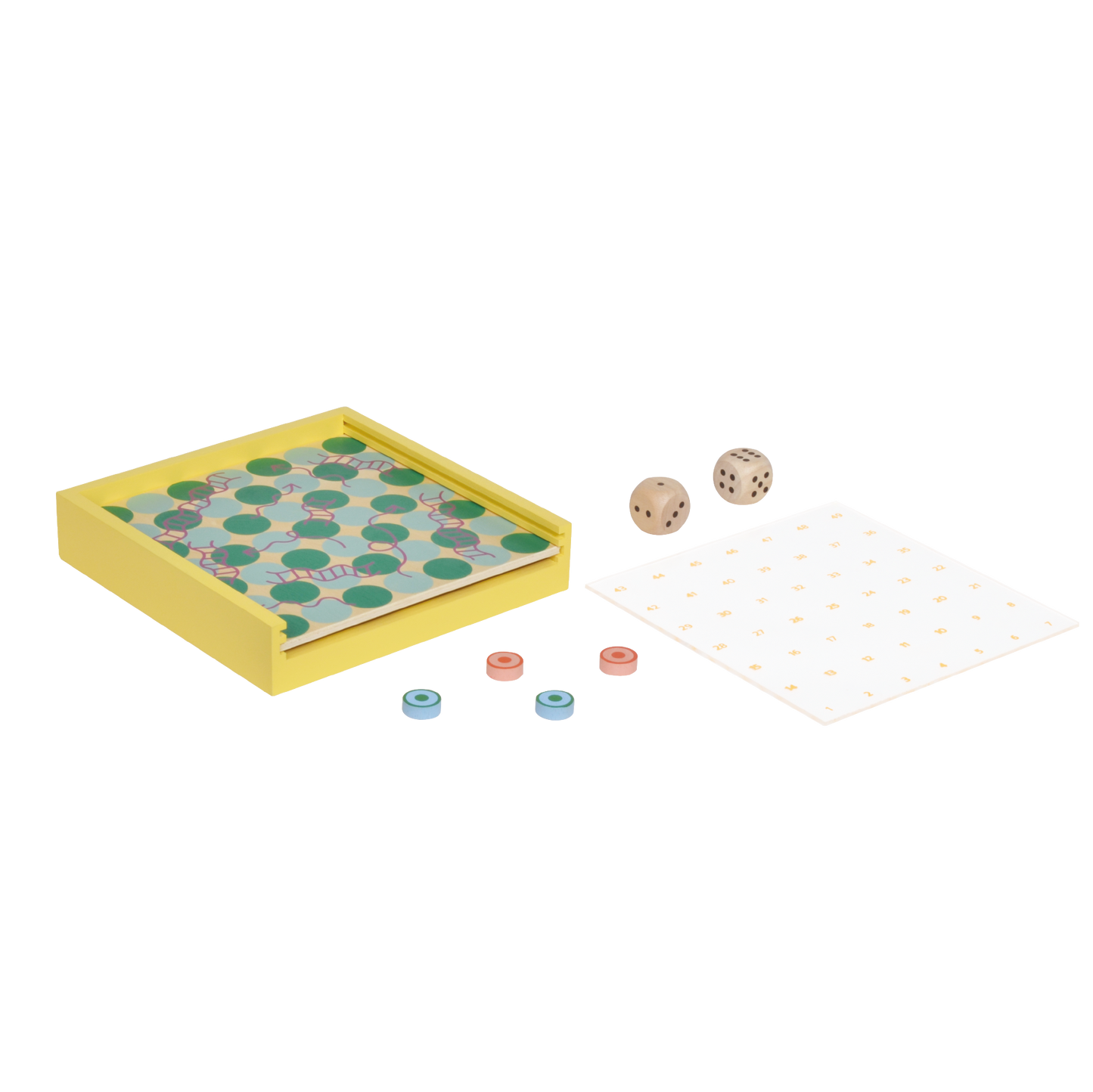 A colorful snakes and ladders game set with a yellow base and a board featuring a checkered pattern with ladders and snakes illustrated in minimalist graphic style.