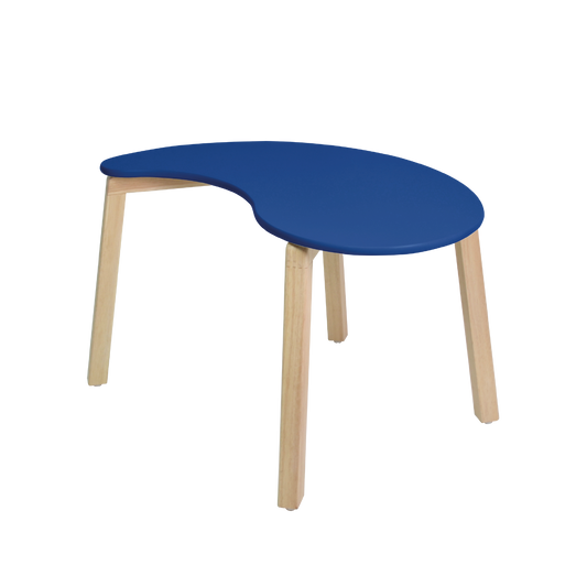 A blue rectangular activity table with a teardrop shape and a wooden frame.