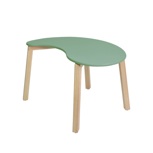 A green and beige children's activity table shaped like a teardrop with wooden legs.