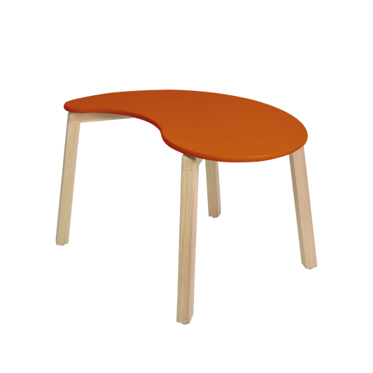 An orange and beige children's activity table with a teardrop shape and light wood legs.