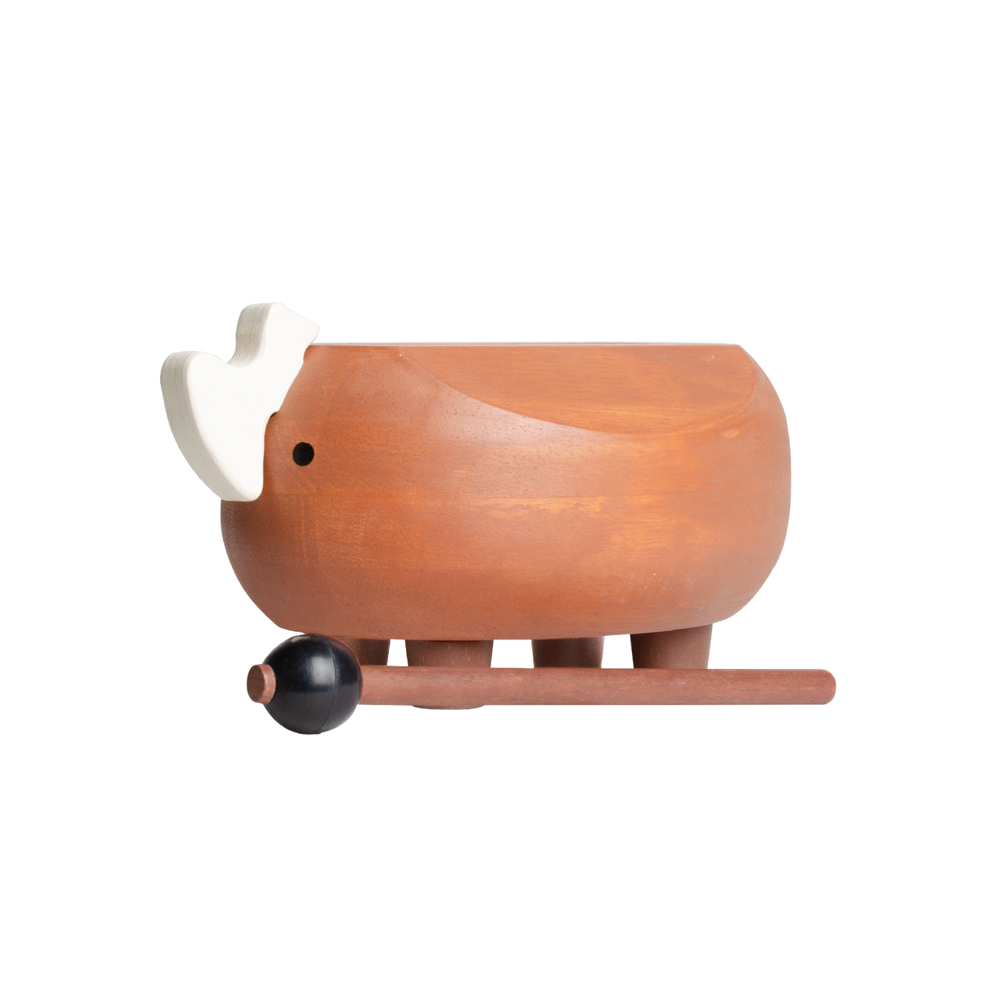 A wooden rhino slit drum with a brown finish, accompanied by a wooden beater and a felt beater.