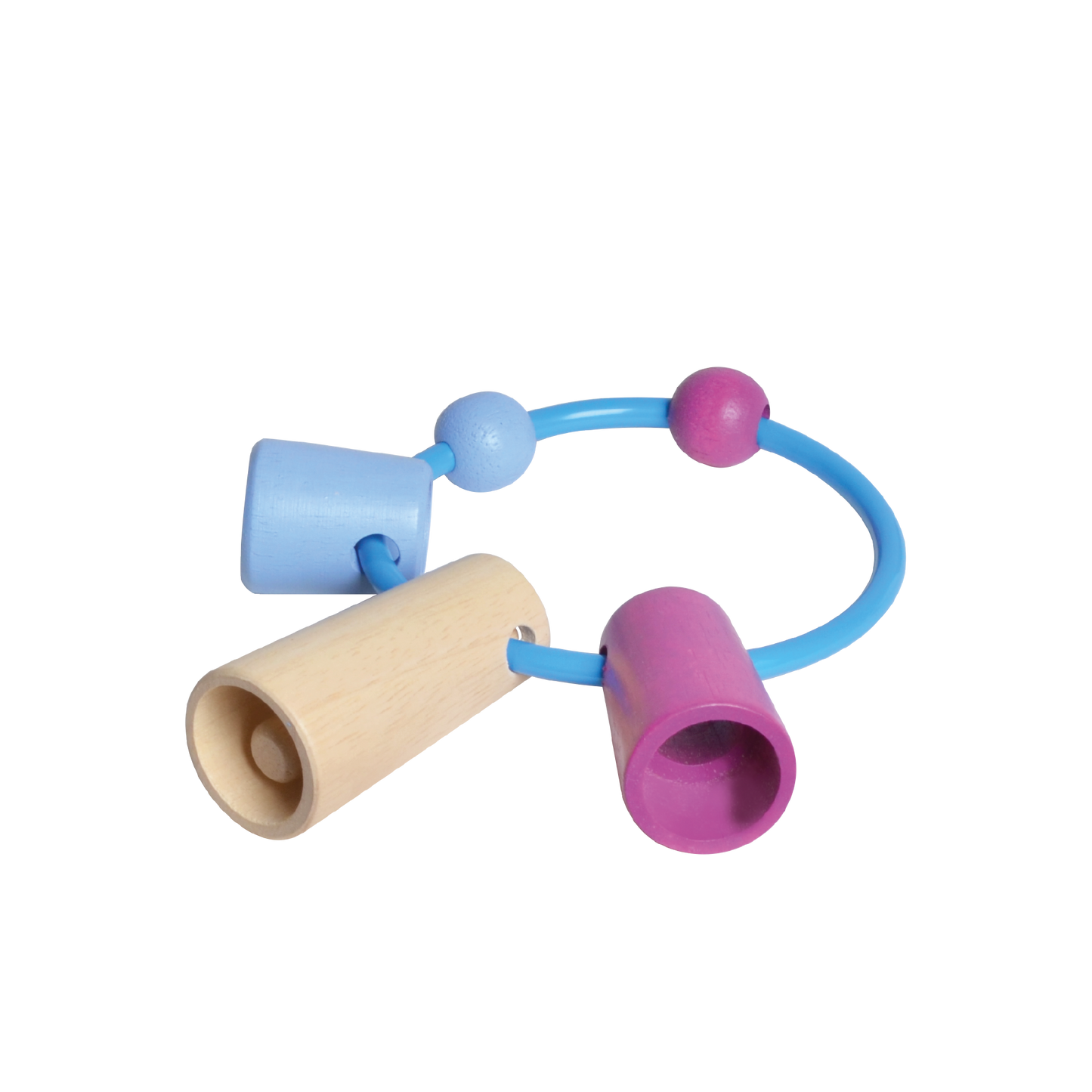 Blue circular rubber musical shaker with three wooden rods in beige, purple, and blue. Encourages children to explore rhythm, differentiate sounds, and develop hand coordination.
