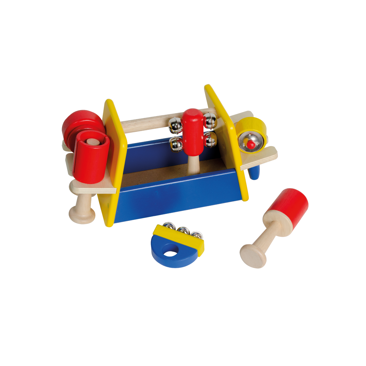 Includes six colorful musical instruments in primary colors, neatly stored in a wooden carry box for easy transport and play.