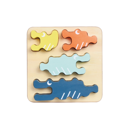 A wooden puzzle toy consisting of colorful crocodile blocks of various sizes fitted into a grooved tray.