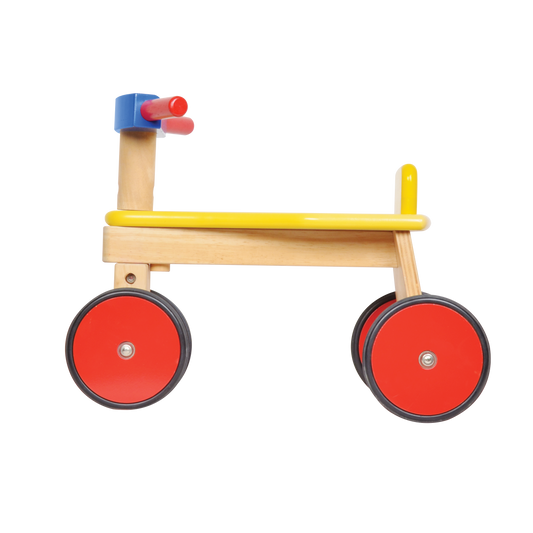 A red and yellow toy tricycle with blue accents, featuring a wooden frame and plastic wheels.