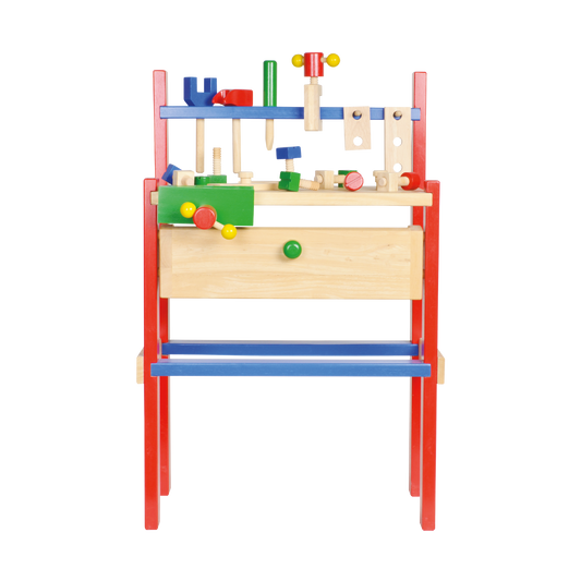 A colorful wooden workbench for children with various tools and a storage drawer.