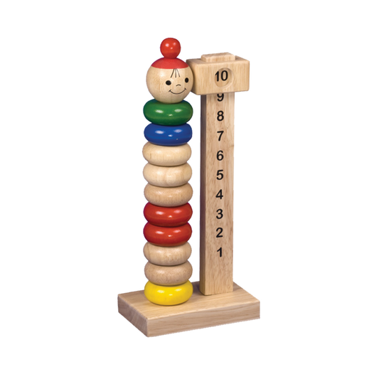 Wooden stacking toy with colorful rings that children can stack and top with a clown’s head to learn numbers.