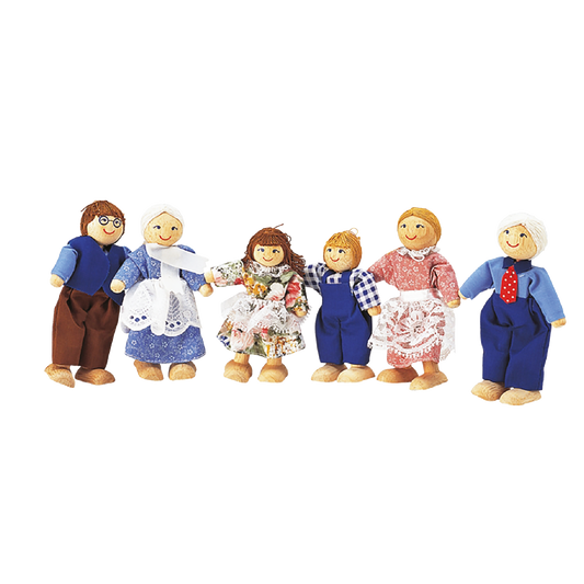 A set of six doll figures, presumably representing a family, with diverse clothing and hairstyles.
