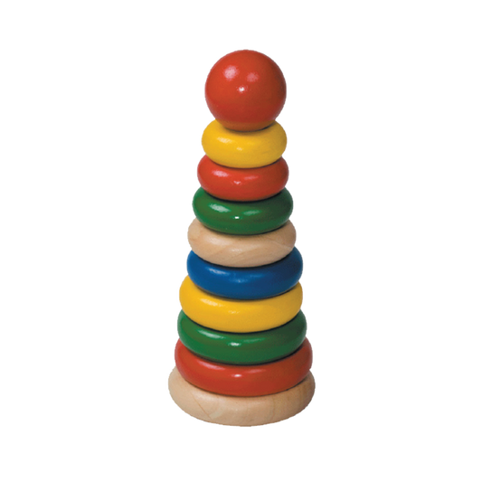 A stack of ten colorful wooden rings on a beige wooden stacking toy with a red ball on top.