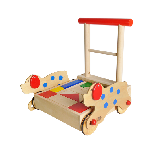 A colorful wooden walker with blocks designed for toddlers, featuring red, blue, green, and yellow colors with polka dots.