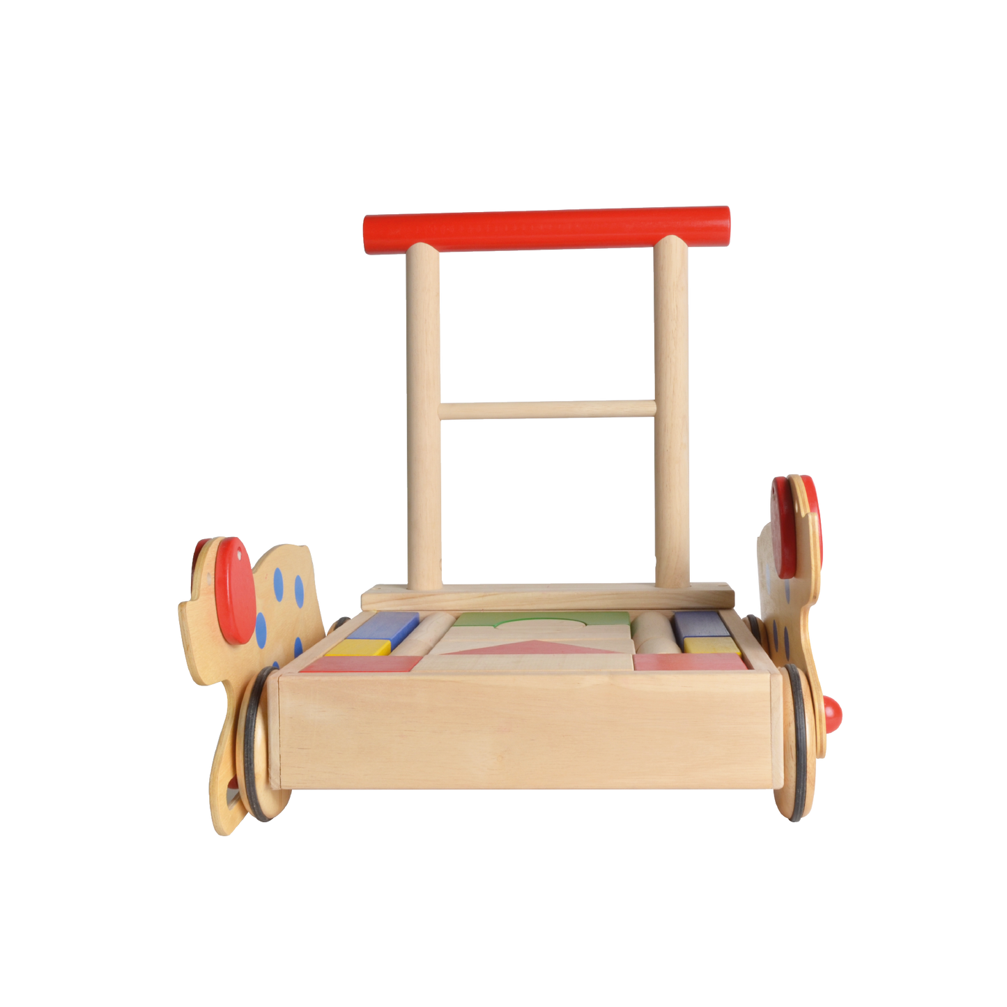 A colorful wooden walker with blocks designed for toddlers, featuring red, blue, green, and yellow colors with polka dots.