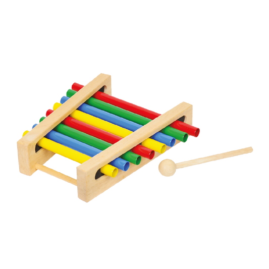 A colorful metal tubular bar xylophone with a wooden frame, featuring red, yellow, green, blue, and purple bars, and two wooden mallets.