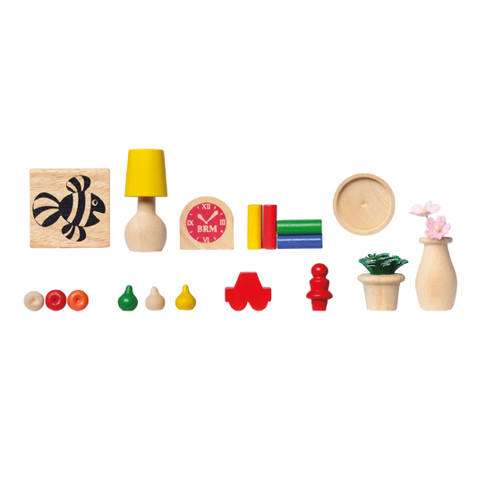 A collection of various shaped wooden toys including a mushroom, mug, mold, muffin, and mice, all in natural wood color.