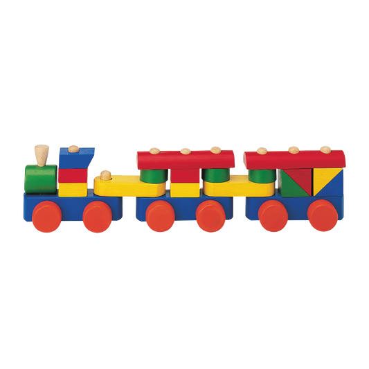 A colorful toy train set with multiple car-shaped blocks on tracks, designed for young children.