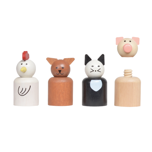 A set of wooden screw toys shaped and painted to look like various animals, including a chicken, a bear, a cat, and a pig.