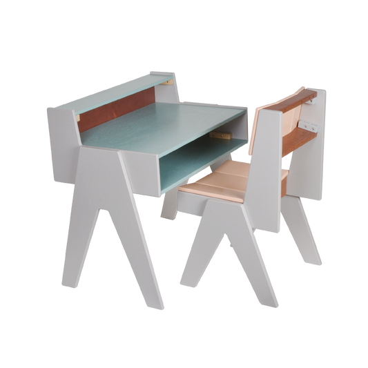 Children's furniture set including a desk and chair with a natural plywood construction, featuring colorful tones such as blue and pink.