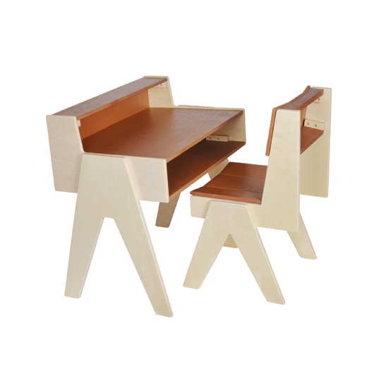 A beige natural plywood desk with a rectangular table top and a matching chair with a wooden seat and backrest.