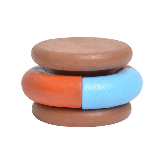 A stack of round wooden rings in brown, blue, and orange colors designed as a rattle toy.