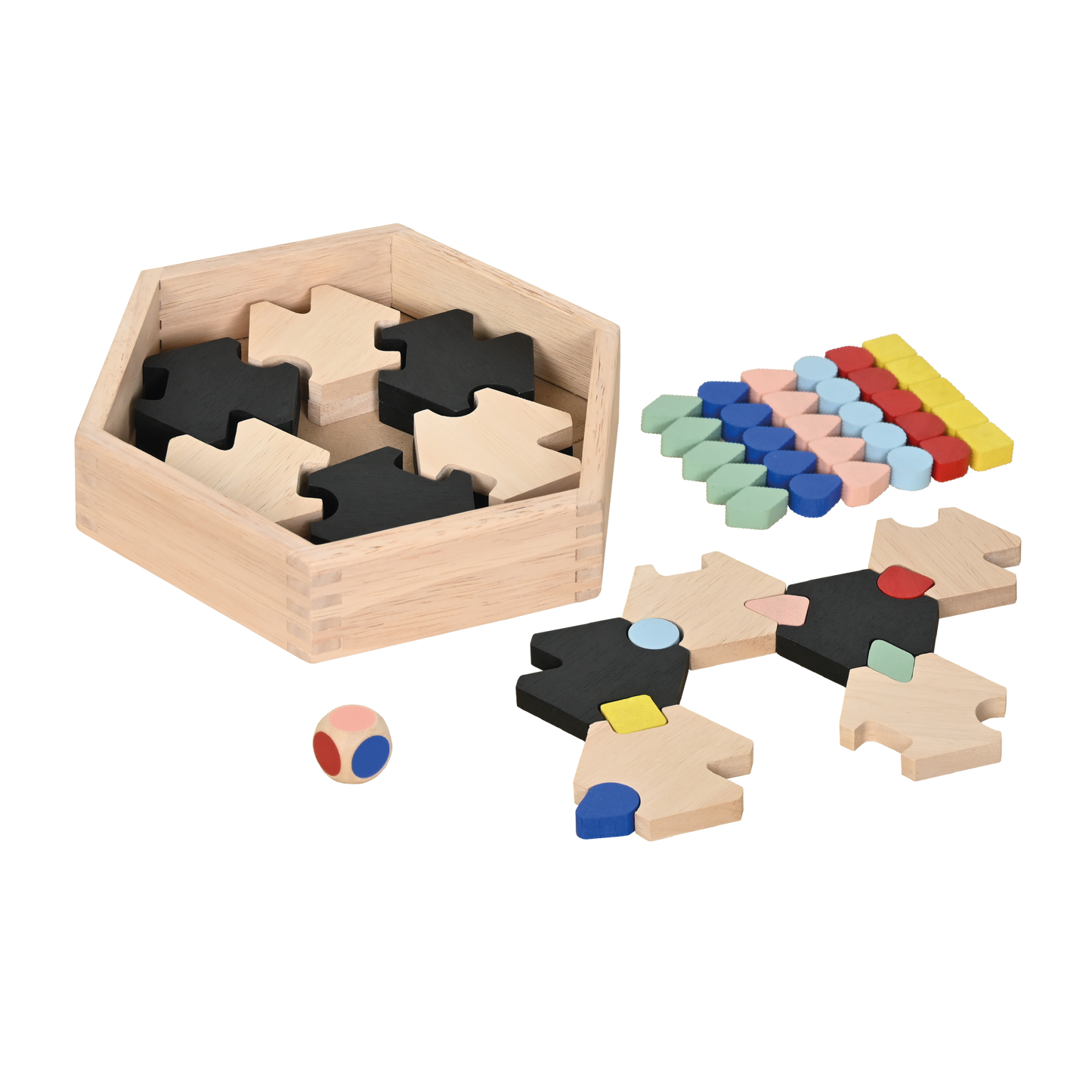 Wooden educational puzzle game with hexagonal box, black and natural wood star-shaped pieces, colorful tokens, and a multicolored dice.
