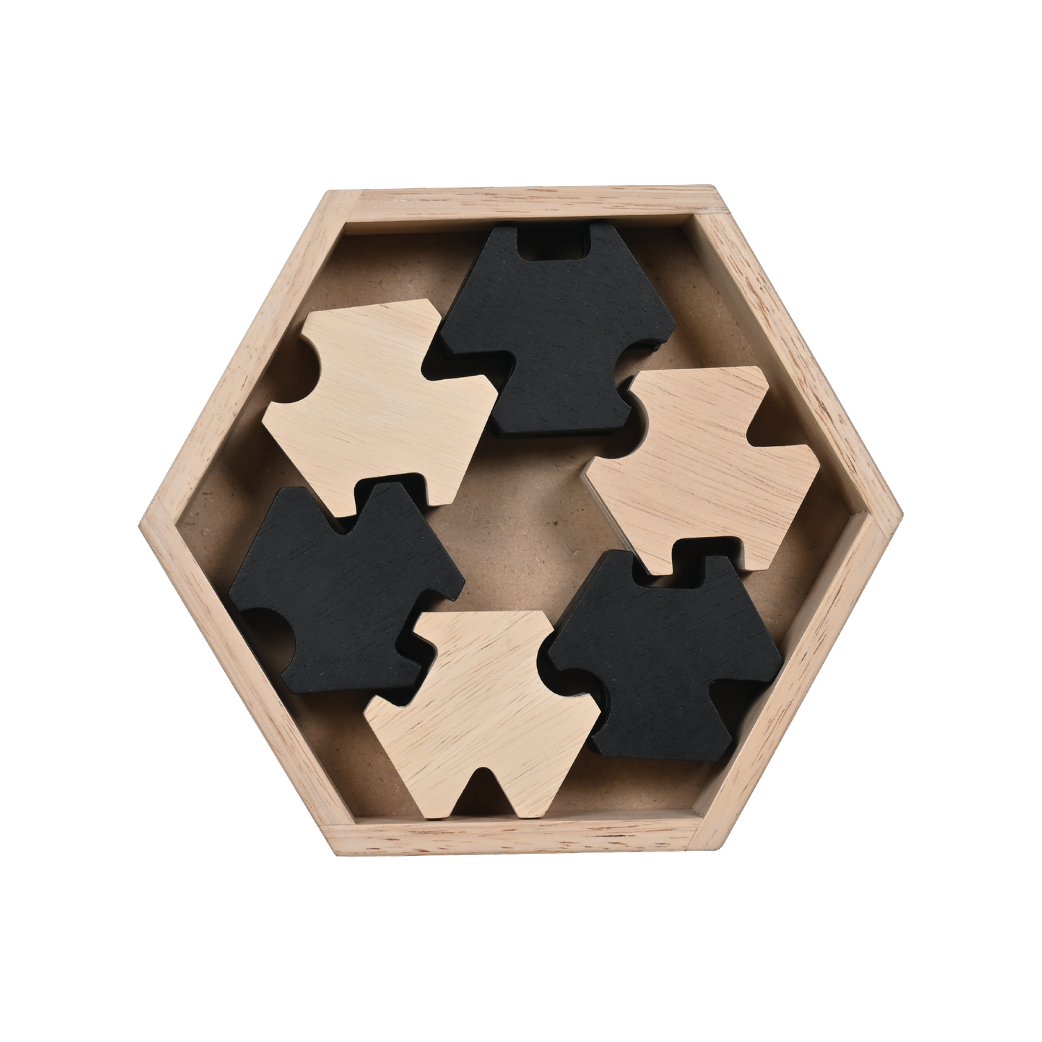 Wooden educational puzzle game with hexagonal box, black and natural wood star-shaped pieces, colorful tokens, and a multicolored dice.