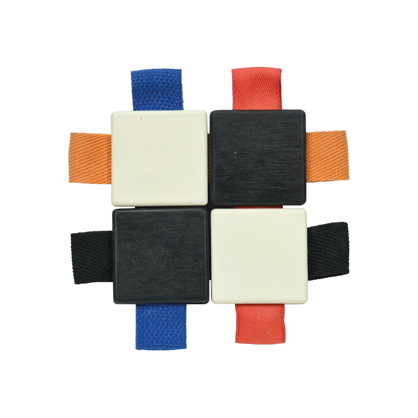 A set of multicolored checker tiles with looped ribbons, designed for infant sensory development.
