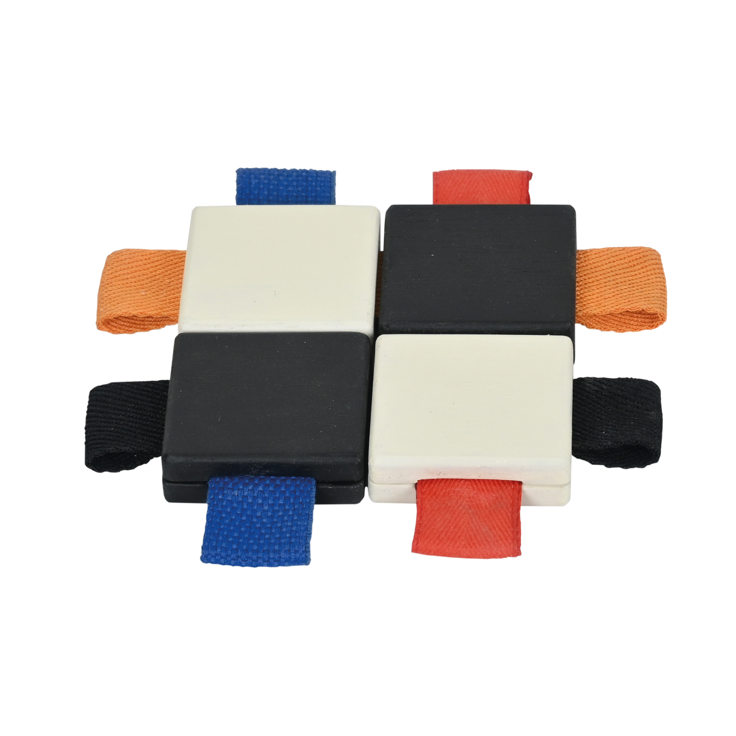 A set of multicolored checker tiles with looped ribbons, designed for infant sensory development.
