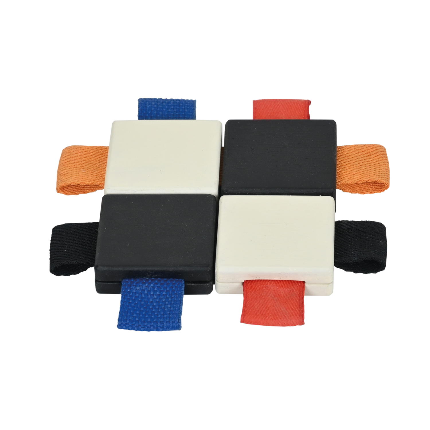 A set of multicolored checker tiles with looped ribbons, designed for infant sensory development.