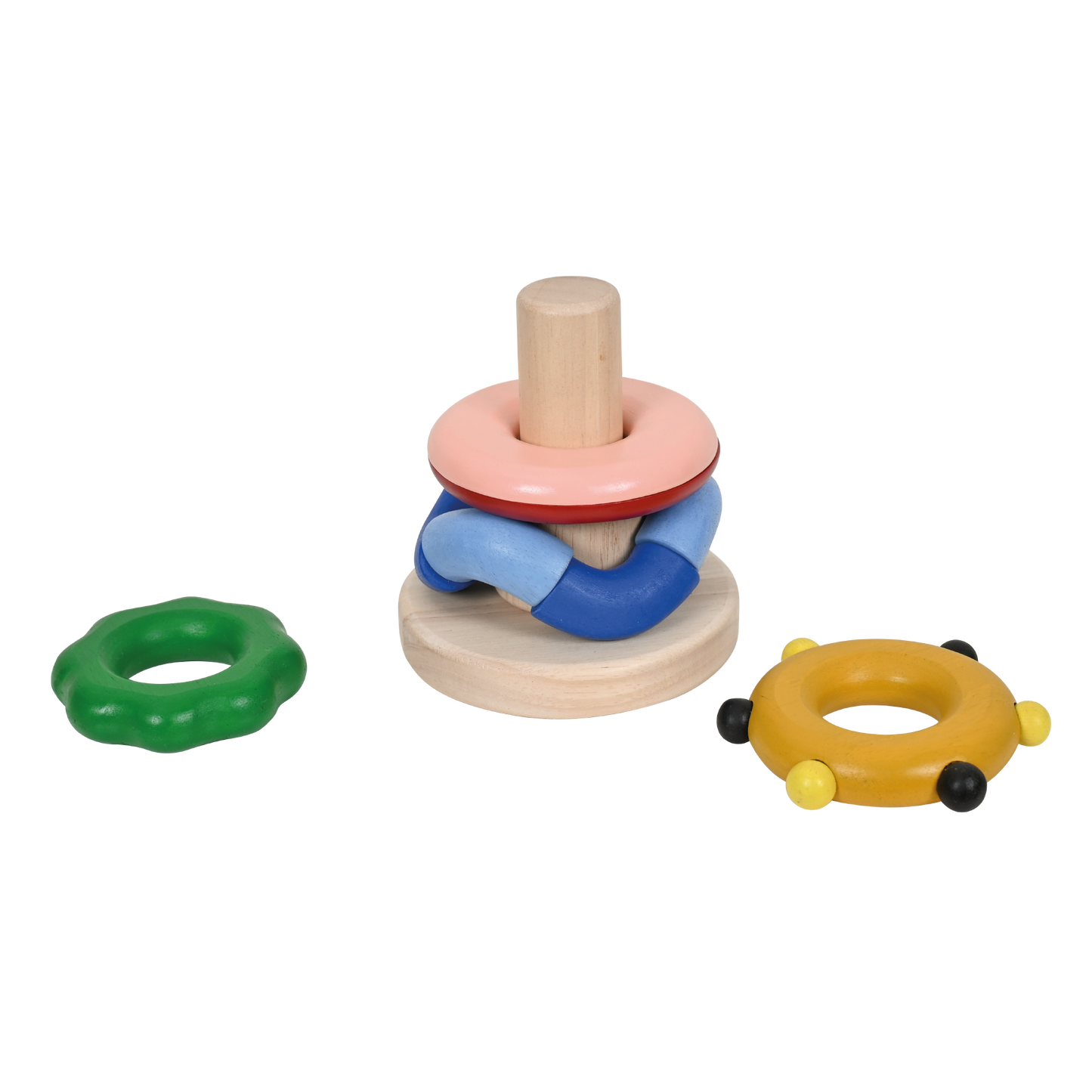 A set of four wooden stacker rings of different sizes with a sensory feature of sound, touch, and texture, designed for baby's grip.