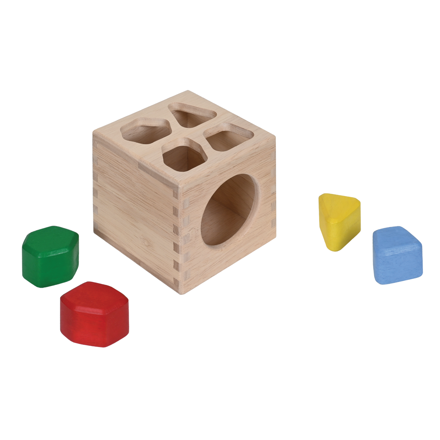 A wooden sound stones sorter box with four colorful irregular shaped pieces inside.