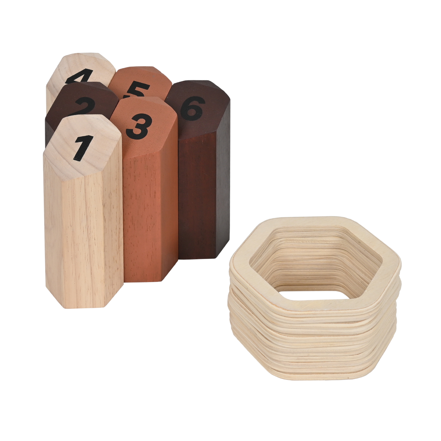 A set of wooden ring toss poles with numbers 1 to 6, and a wooden storage box.