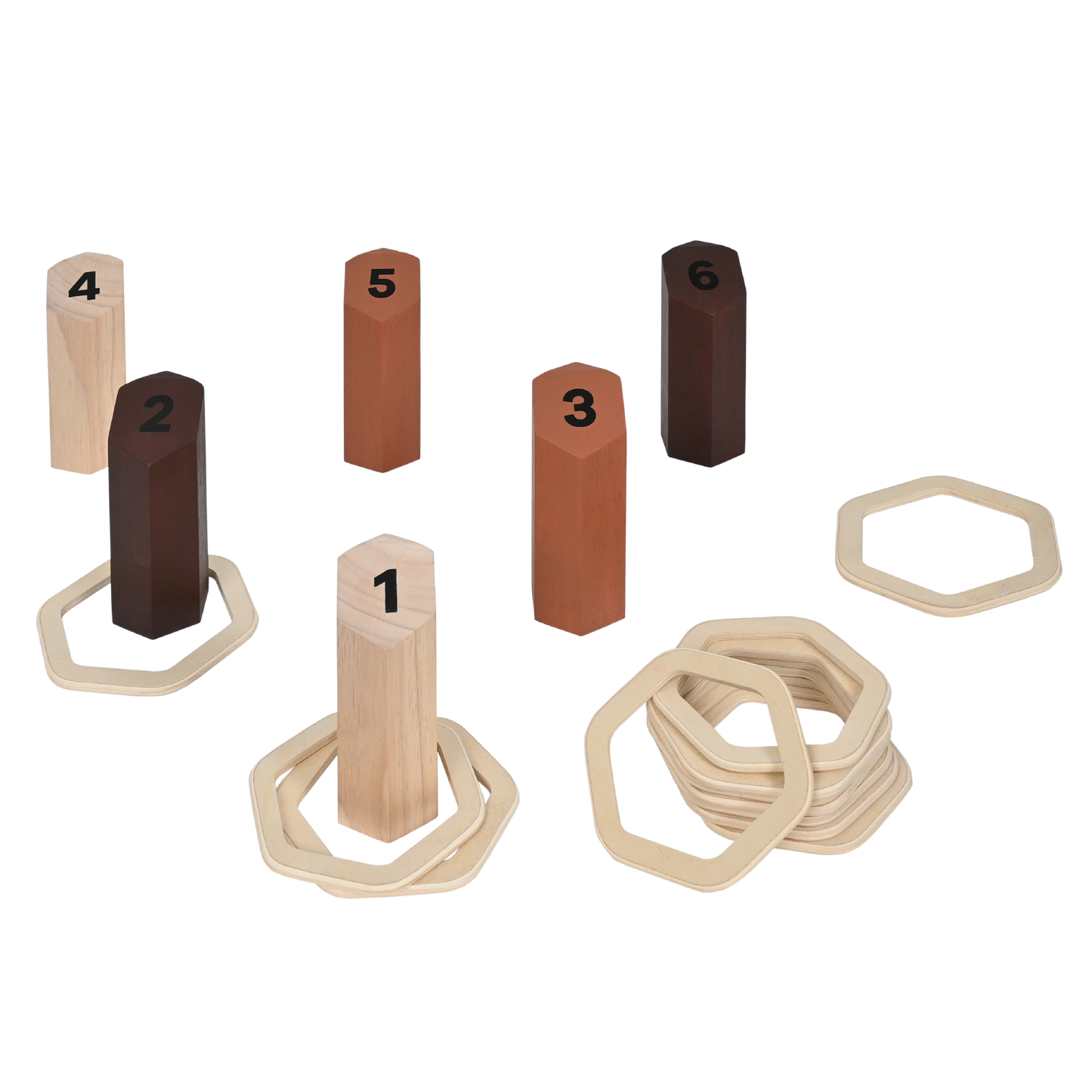 A set of wooden ring toss poles with numbers 1 to 6, and a wooden storage box.