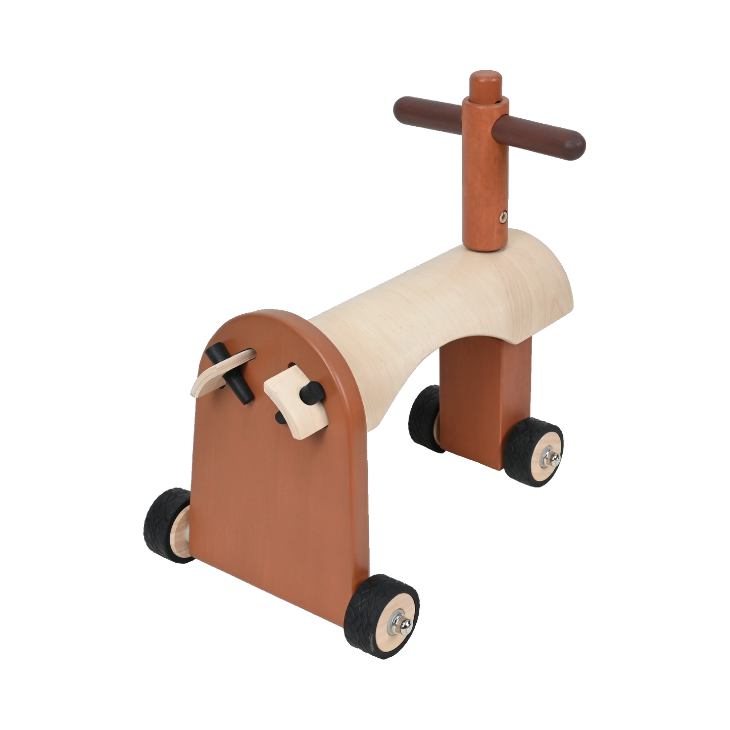 A wooden mini ride-on toy with a natural finish, featuring a seat and a steering wheel, mounted on wheels.