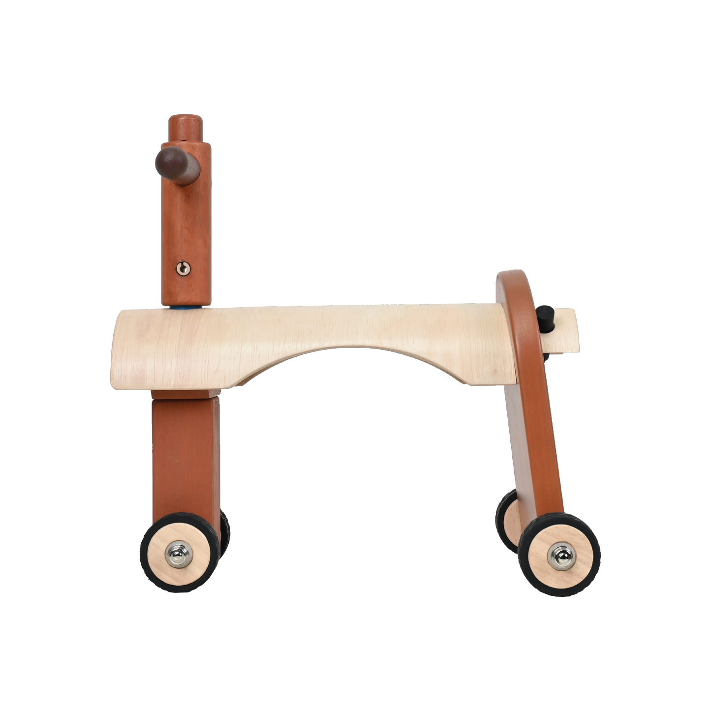 A wooden mini ride-on toy with a natural finish, featuring a seat and a steering wheel, mounted on wheels.