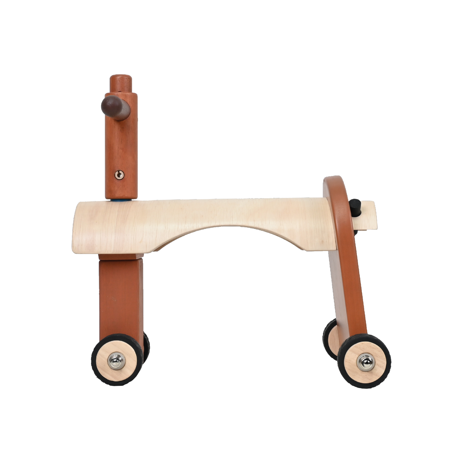 A wooden mini ride-on toy with a natural finish, featuring a seat and a steering wheel, mounted on wheels.