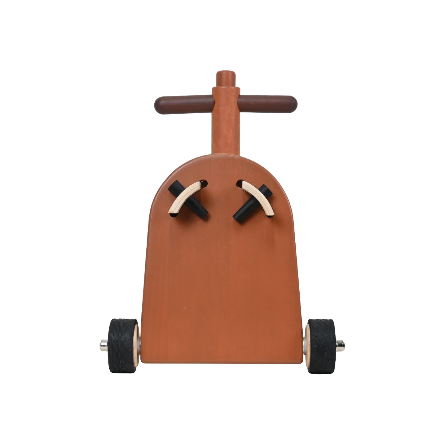 A wooden mini ride-on toy with a natural finish, featuring a seat and a steering wheel, mounted on wheels.