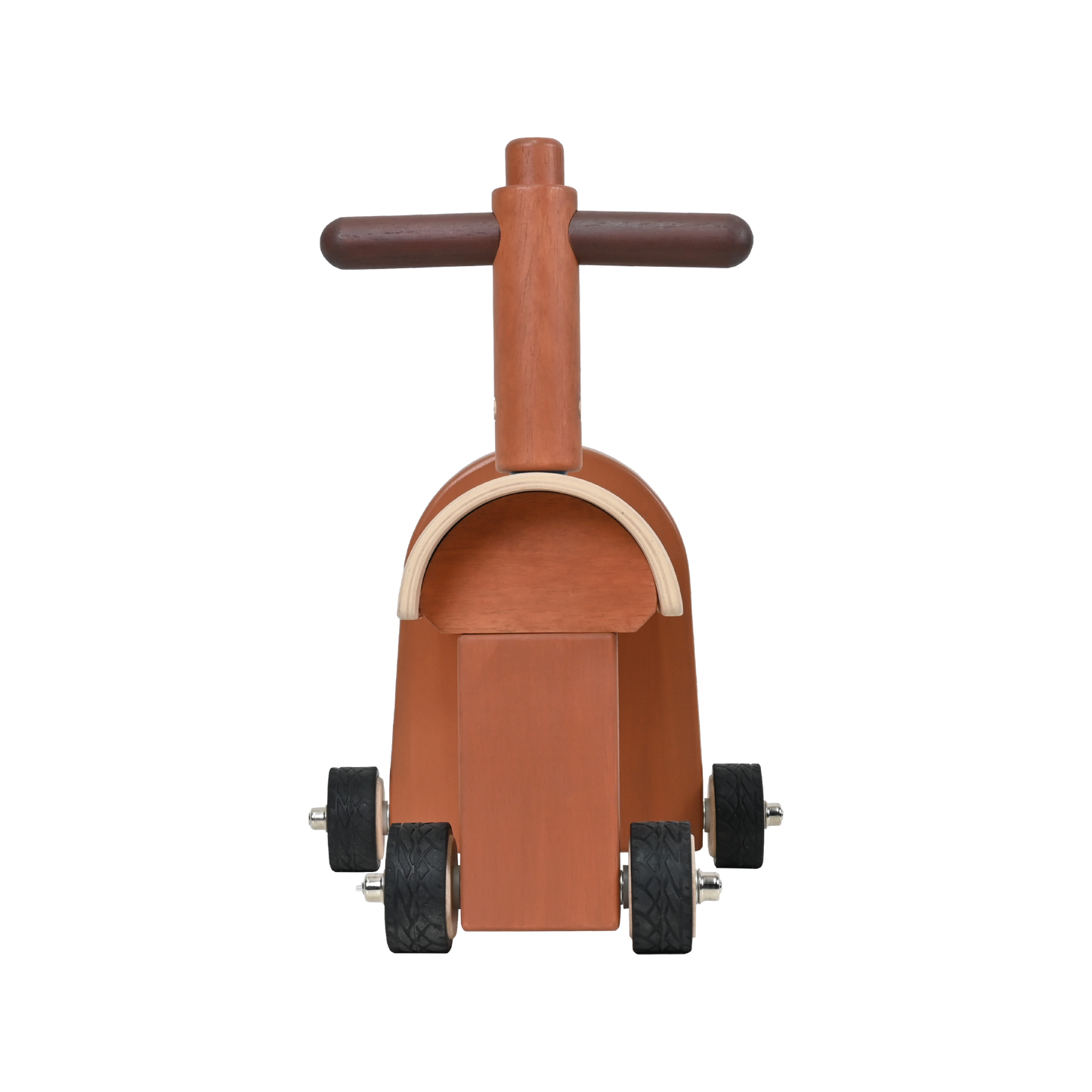 A wooden mini ride-on toy with a natural finish, featuring a seat and a steering wheel, mounted on wheels.