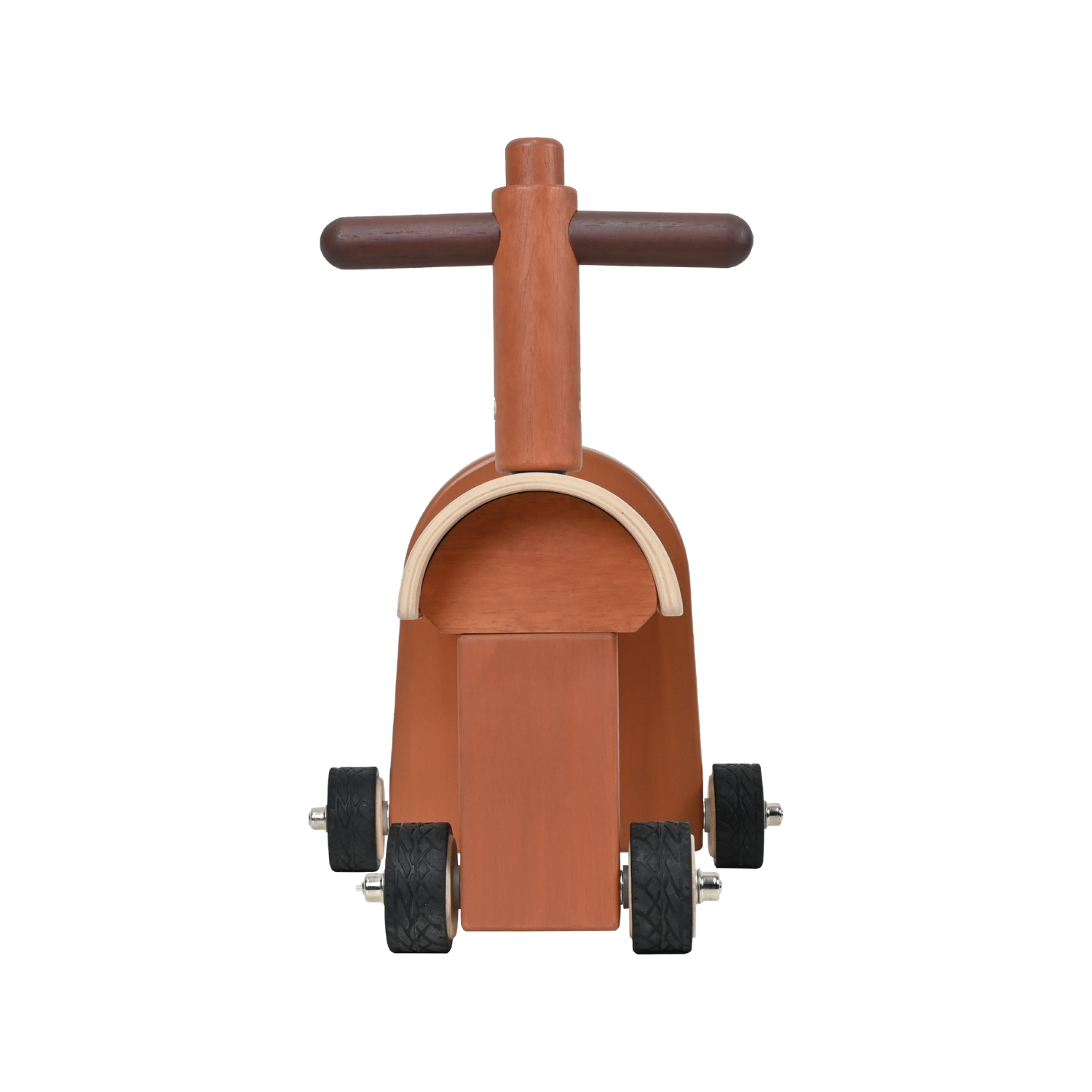 A wooden mini ride-on toy with a natural finish, featuring a seat and a steering wheel, mounted on wheels.