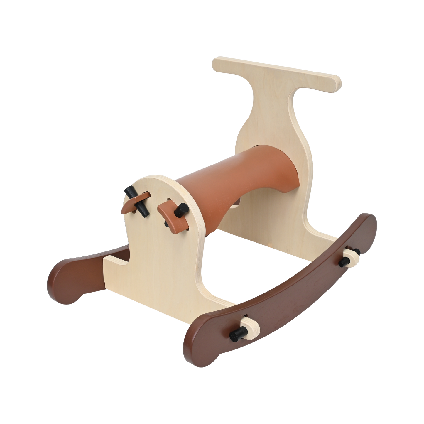 A natural brown wooden rocking toy, designed for toddlers