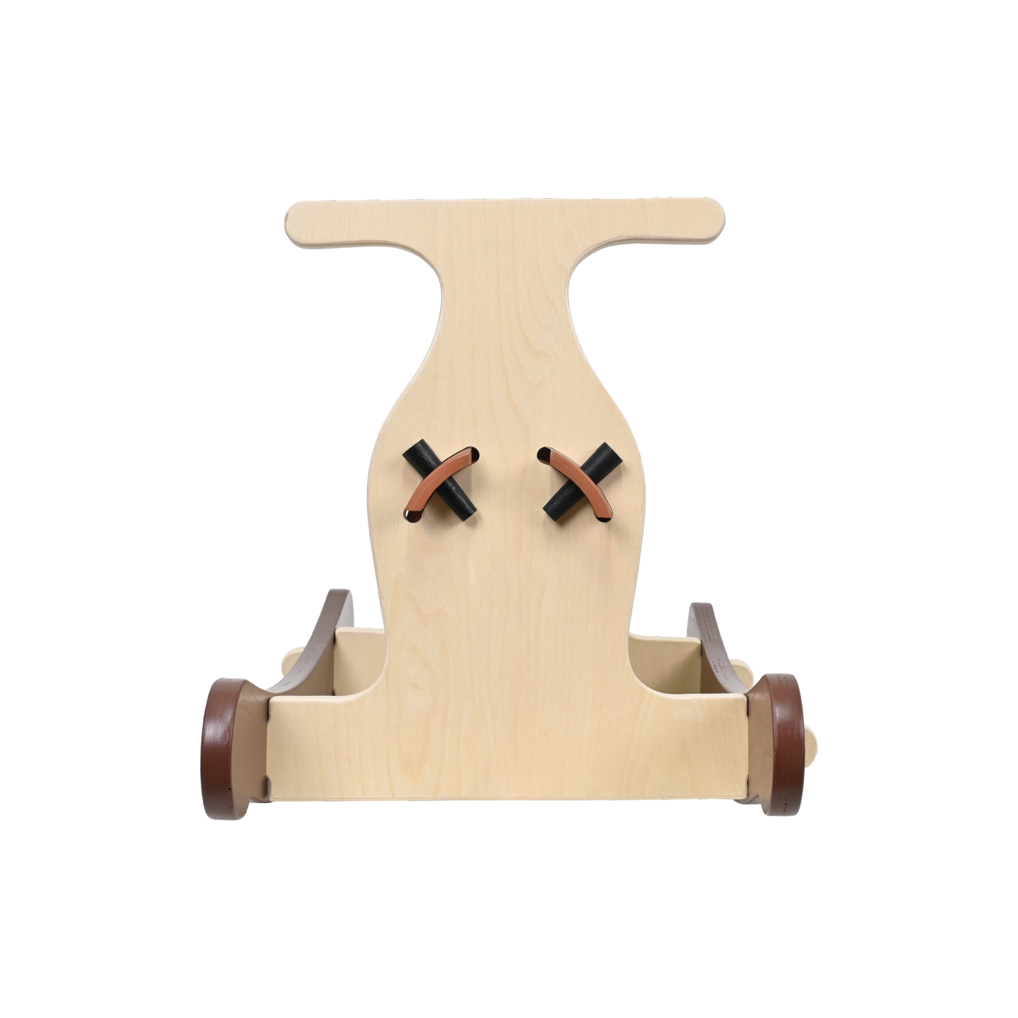 A natural brown wooden rocking toy, designed for toddlers