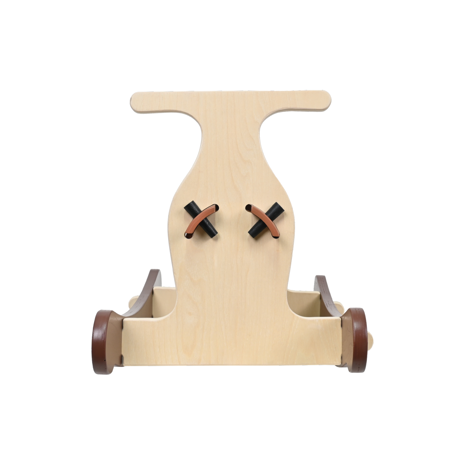 A natural brown wooden rocking toy, designed for toddlers