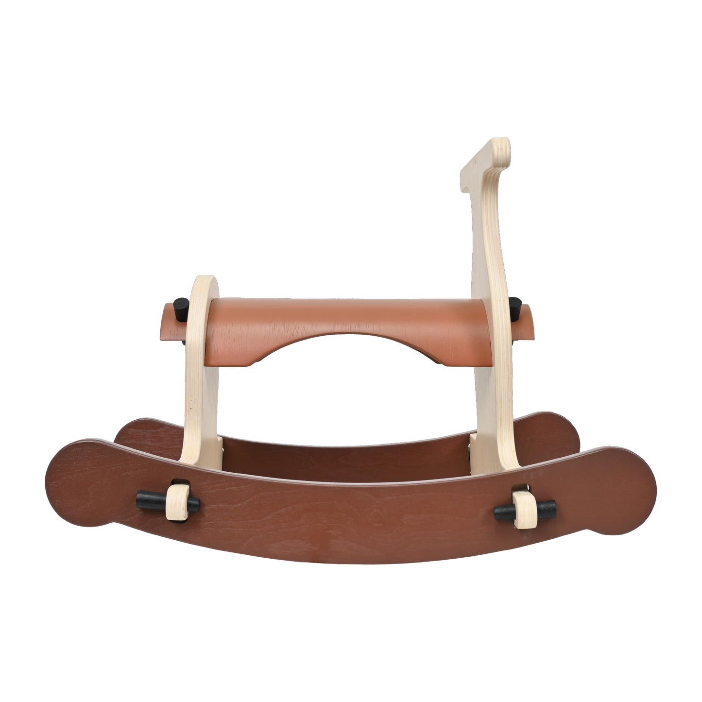 A natural brown wooden rocking toy, designed for toddlers