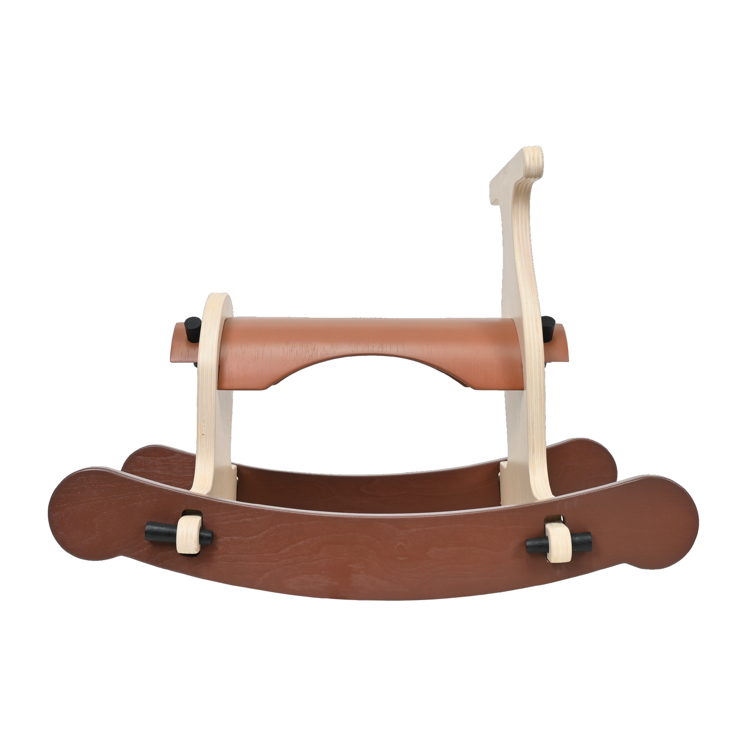 A natural brown wooden rocking toy, designed for toddlers
