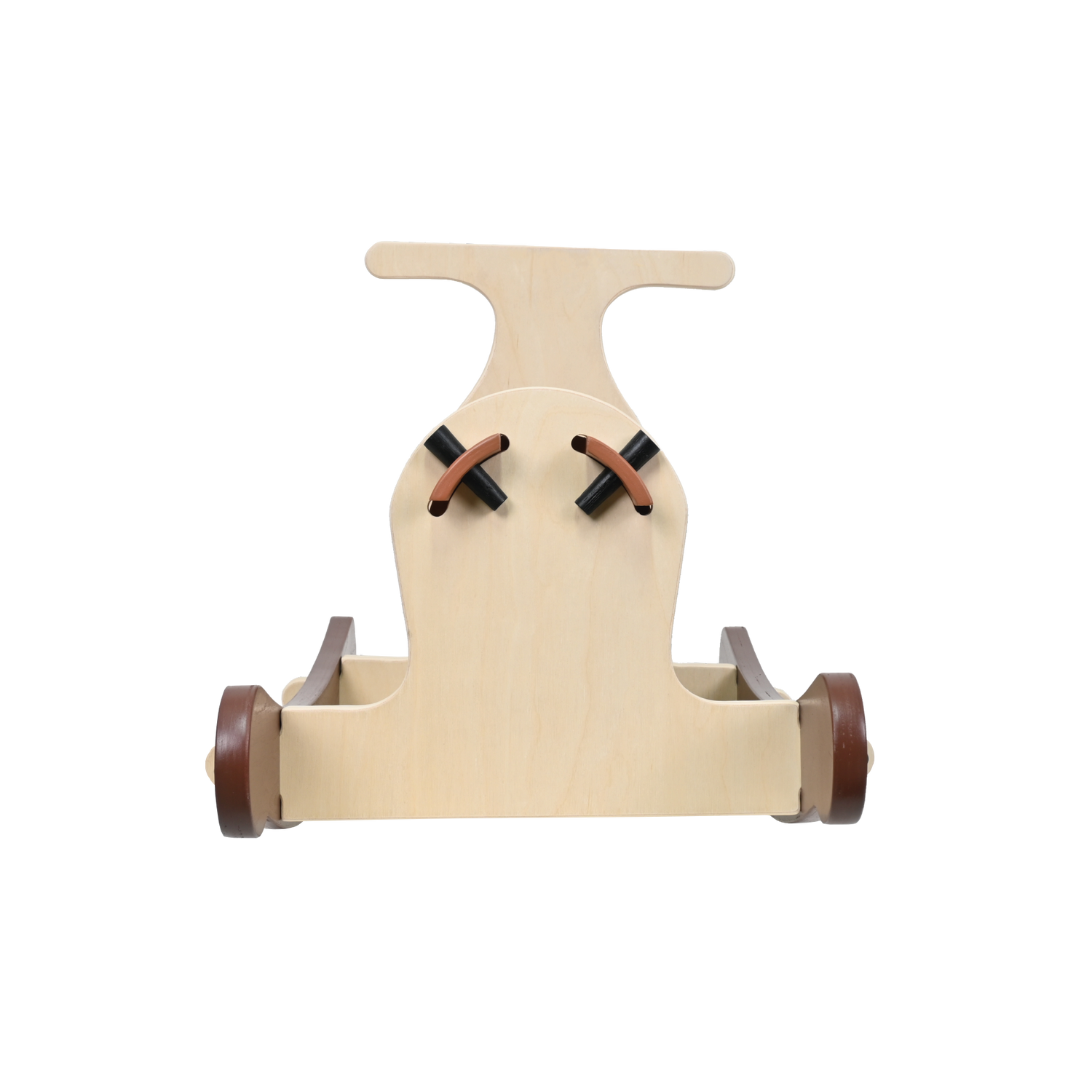 A natural brown wooden rocking toy, designed for toddlers